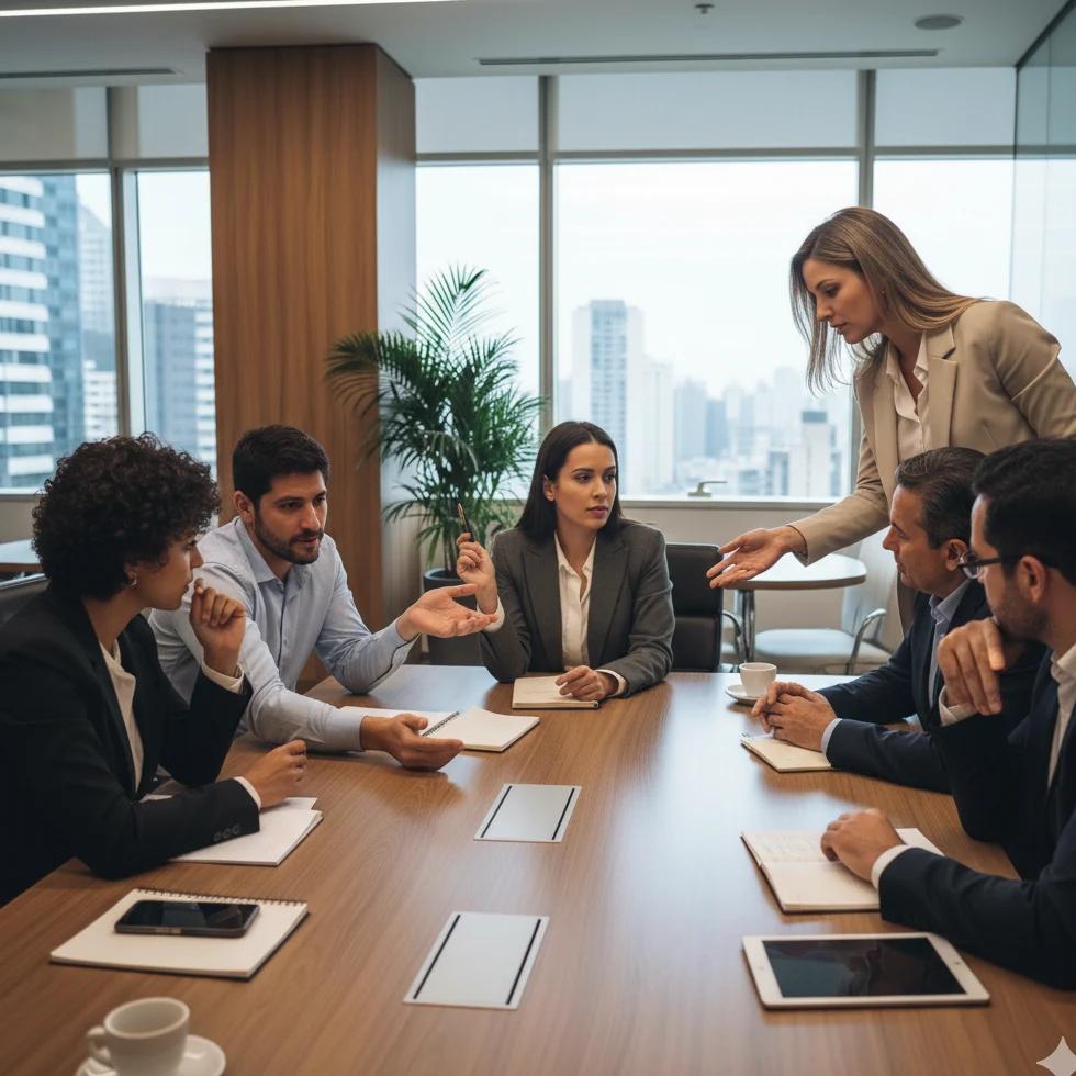 Equipe corporativa em reunião com sinais de tensão e desconexão em um ambiente real de trabalho