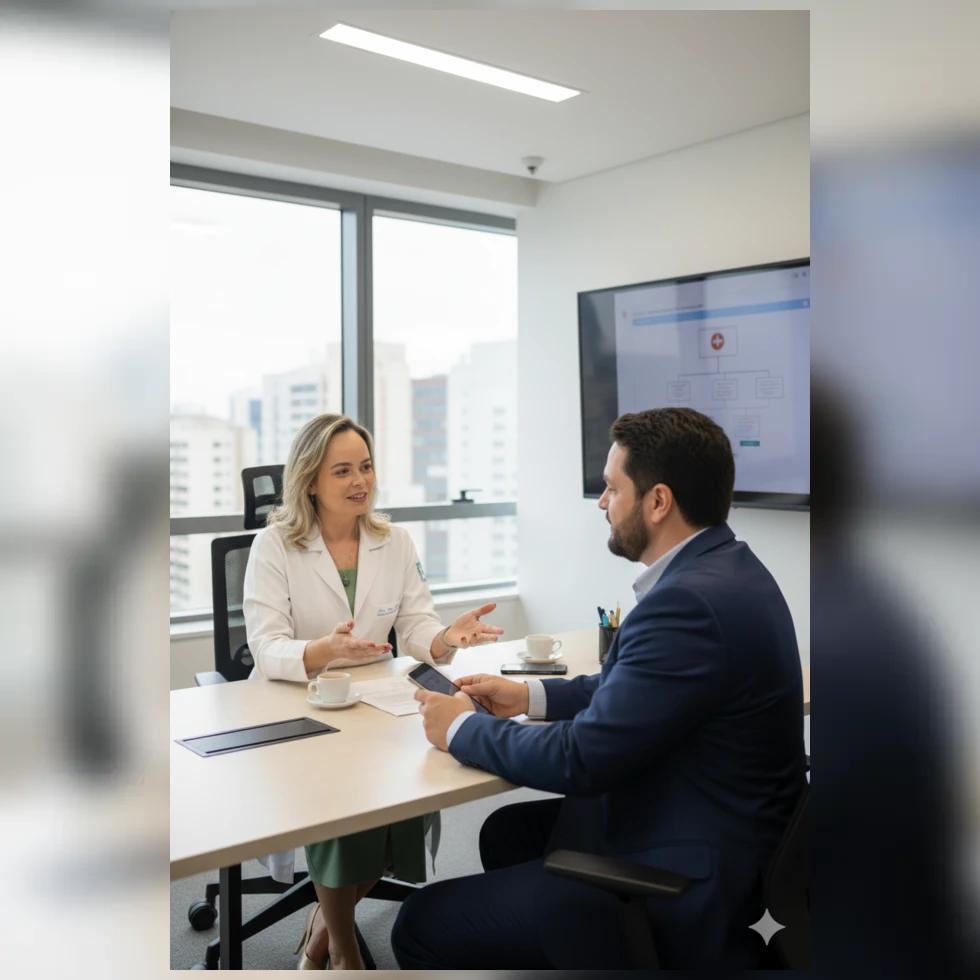 Gestor em conversa estratégica com especialista em ambiente corporativo, transmitindo clareza e controle