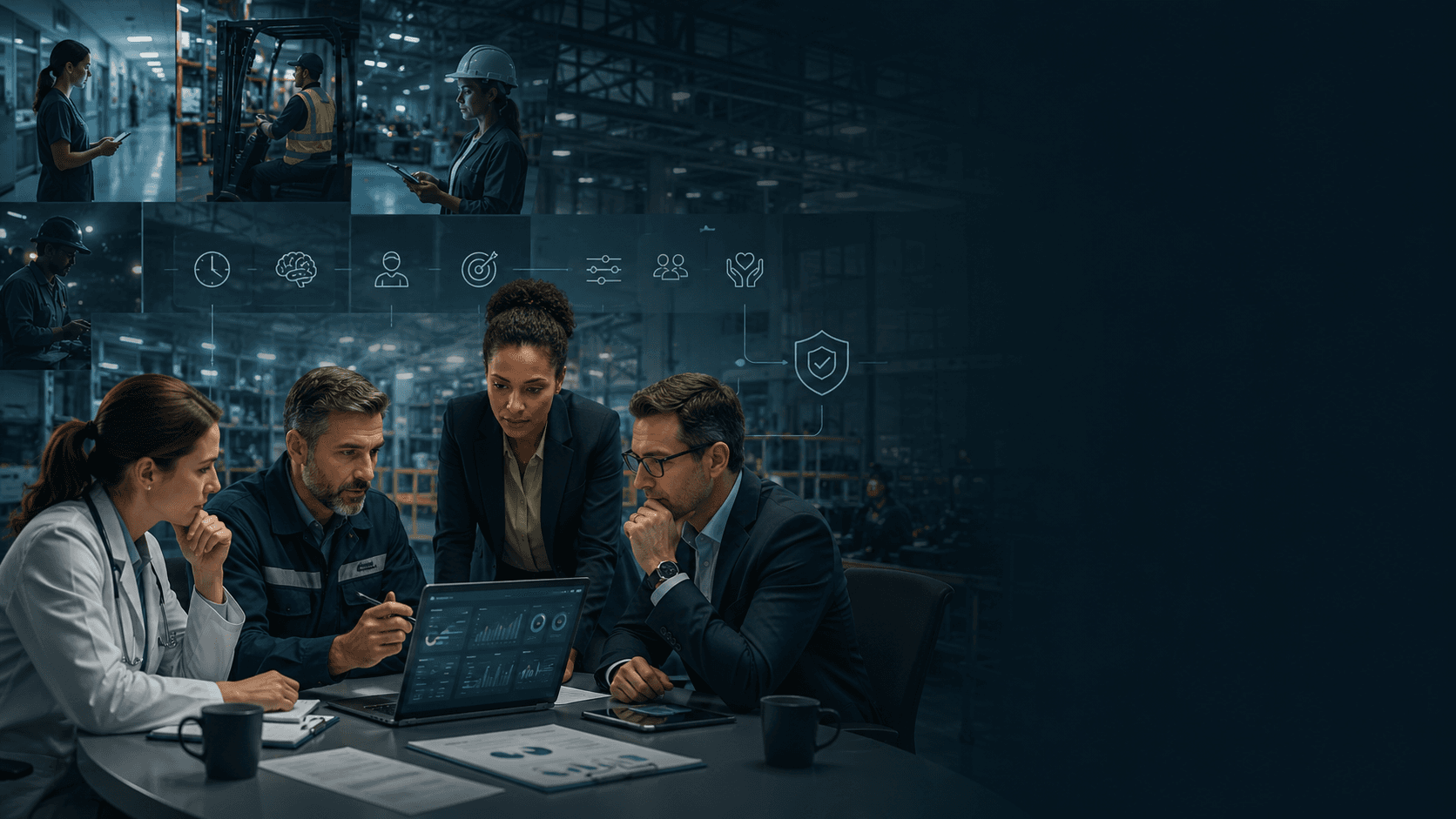 Equipe multidisciplinar analisando dados ocupacionais e fatores psicossociais em ambiente industrial