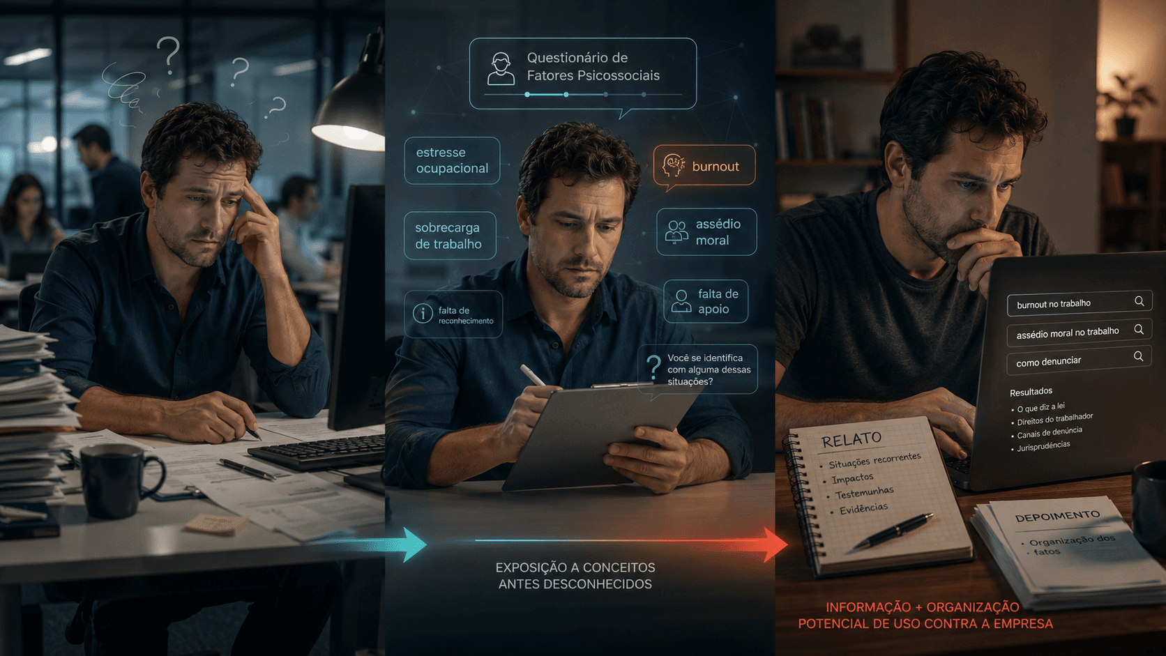 Colaborador diante de questionamentos sobre fatores psicossociais, ilustrando coleta de dados sem gestão preventiva estruturada.