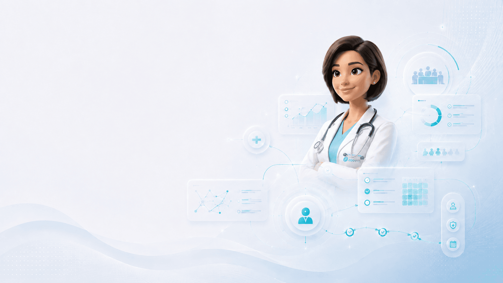 Especialista médica da Zoeveris cercada por elementos visuais de dados, governança e monitoramento ocupacional