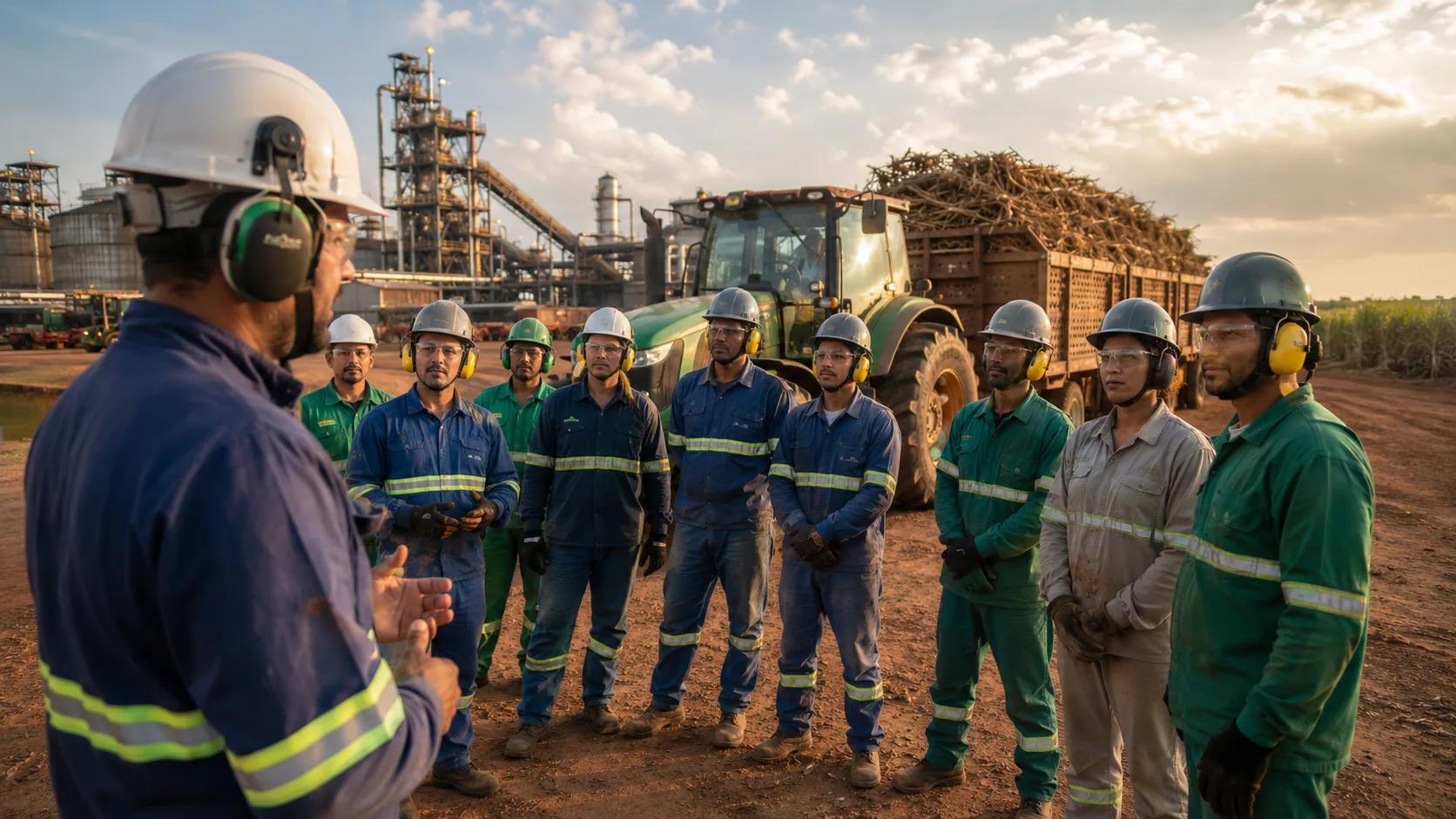 Trabalhadores do agro em operação intensiva, representando metas sazonais e dispersão geográfica.