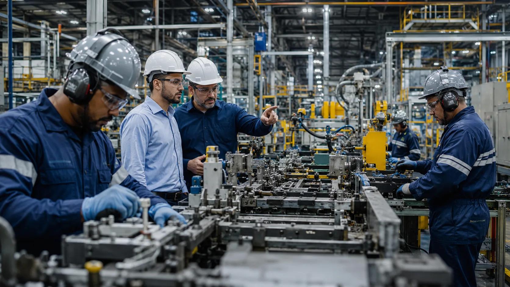 Equipe industrial em linha produtiva, representando operações com pressão operacional e supervisão direta.