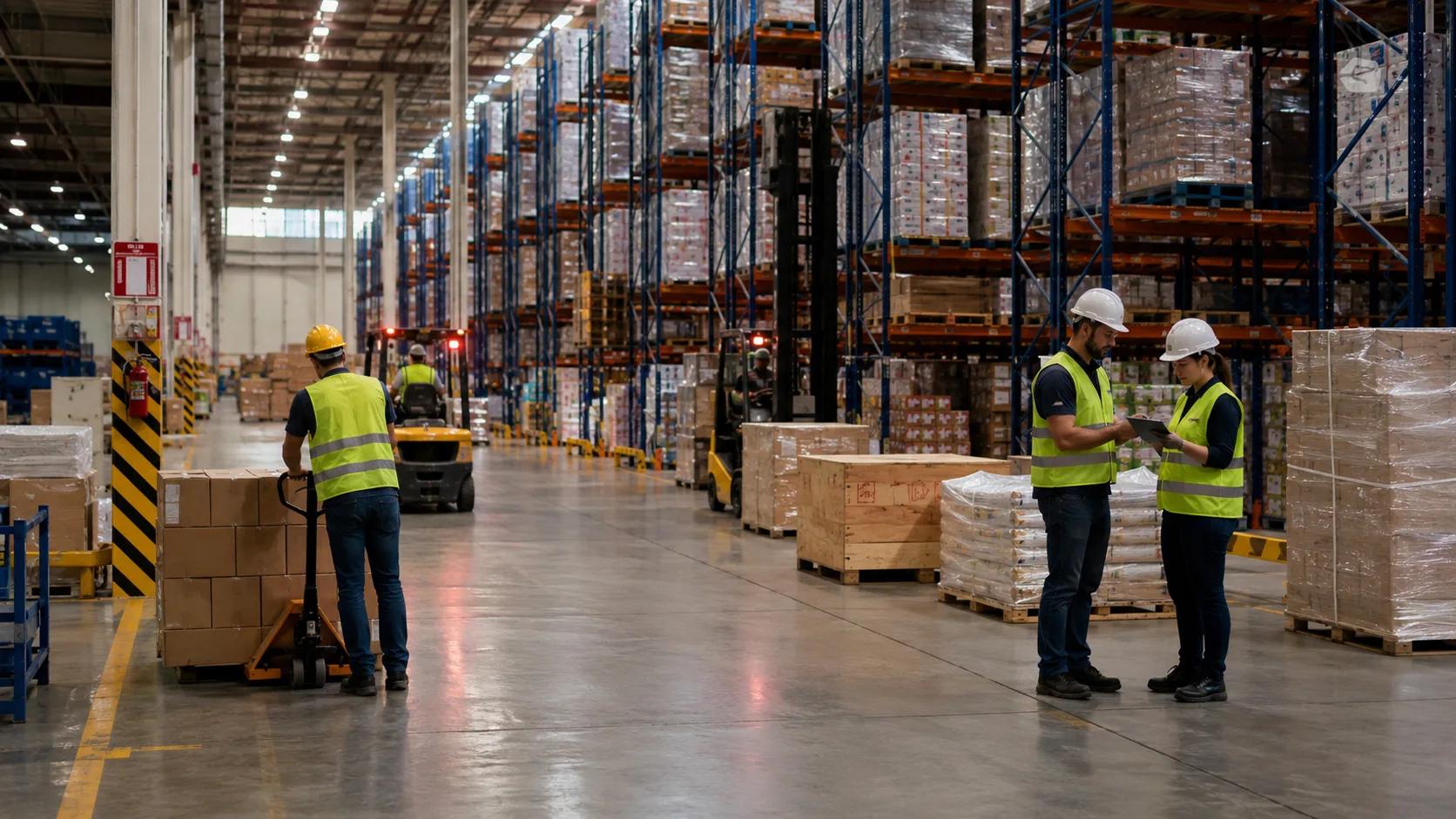 Centro logístico com equipes e pallets, ilustrando pressão por prazo, jornada e coordenação operacional.