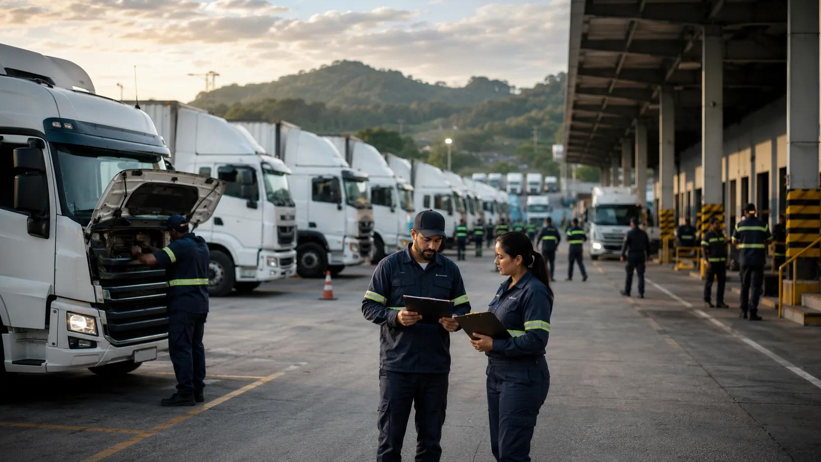 Operação de transportadora com caminhões e equipe em pátio logístico, representando rotas, prazo e gestão de frota.
